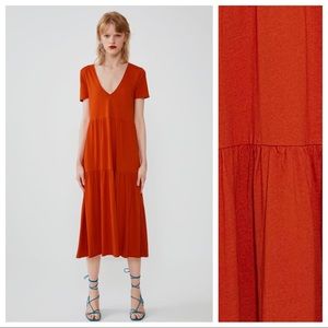 Zara Orange Tiered Midi Dress. Size M.